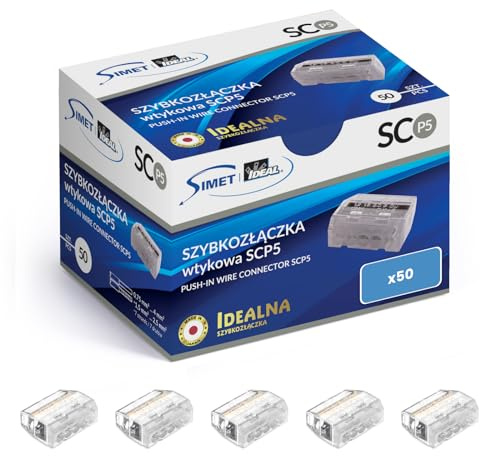 SIMET Verbindungsdosenklemme für Drähte (0,75-4 mm²), 5 - Leiter, Packung mit 50 Stück, transparent/grau, für den Anschluss in Dosen, Gehäusen und starren Elektroverteilern
