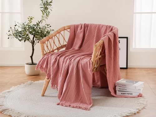 Coastline Coperta con frange, in 100% cotone, con frange, prelavata, morbida e confortevole, leggera e traspirante, per divano, letto, divano (rosa cipria, 150 x 200 cm