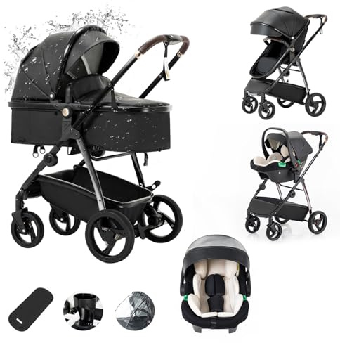 Zkiprm Cuero Cochecito 3 en 1 Sistema de Viaje con Capazo y Silla de Coche - Plegable, Ruedas PU con Suspensión, Incluye Mosquitera, Cubrepies y Funda de Lluvia (Bebés de 0 a 48 Meses) Negro