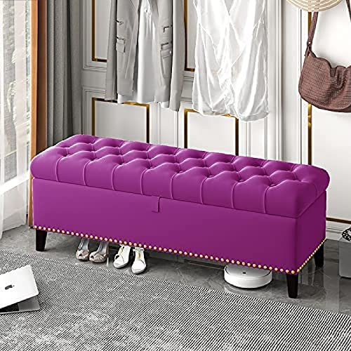 Junpllvic Ottomane, Samt-Aufbewahrungsbank, Deluxe-Aufbewahrungs-Fußhocker, Bettende-Bank, Bank Mit Knöpfen,Lila,100X40X45Cm