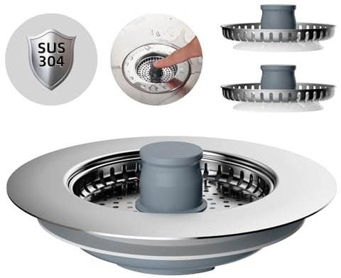 Hibbent Kitchen Sink Plug,Kitchen Sink Strainer and Stopper Combo,with 2 Stainless Strainers,Stainless-wrap Shell,Anti-Clogging,Kitchen Sink Strainer Plug,and Prevent Odors-Sinks Depth > 22mm