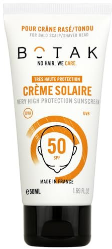 Crème Solaire BOTAK SPF50 Pour Crâne Rasé/Tondu/Chauve | Végan, Français | Très Haute Protection UV | 0 trace blanche | Non grasse | Waterproof | Anti-sêcheresse | Régule pH et microbiote | 50mL