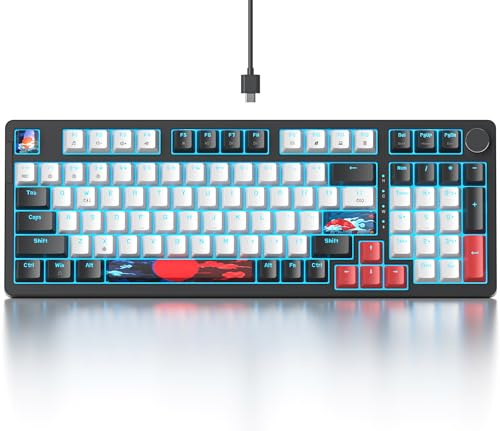 Fogruaden Teclado mecánico cremoso con cable con almohadilla numérica, teclado RGB intercambiable en caliente con perilla, diseño completo de 98 teclas, montaje de junta personalizado, interruptor