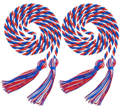 GORGECRAFT 2 Cordon d'honneur pour la Saison de Remise des Diplômes avec Pompons 1.7m Bleu Royal Rouge Blanc Polyester Tressé Cordes d'honneur Ruban Décoratif pour Remise de Diplôme Accessoires