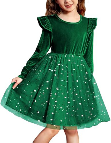Arshiner Girls Velvet Long Sleeve Festive Tulle Birthday Princess Party Dress - Green