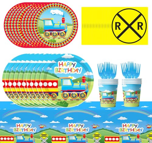 Train Tableware for Parties, Tableware for Birthday Parties Train, Includes Plates Cups Napkins Tablecloths Serves 10 People, 61 Pieces