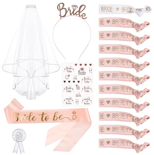 DERAYEE 16PCS Braut Armbänder Set Frauen Junggesellinnenabschied Accessoires,Brautschleife, Schleier, Stirnband, Abzeichen, Tattoo Aufkleber Braut set Party（Rosa）