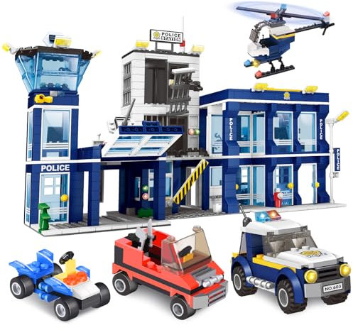 Herefun City Police Bâtiment Kit, 1145 Pièces City Commissariat de Police Blocs de Construction Jouets Set avec Véhicules Police, Hélicoptères, Jeu Rôle Construction Jouet pour Les Garçons 6 à 12 Ans