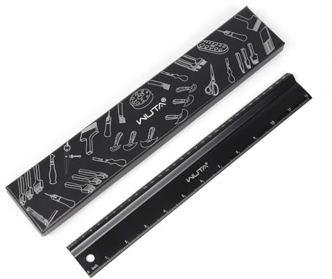 WUTA Stainless Steel Machinist Ruler, Black Chrome Metal Rulers, Leather Cutting Steel Ruler, Metal Ruler 12 inch for Length Measurement