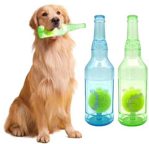 Lotvic 2 Pcs Squeaky Dog Toy, Chew and Interactive Toys, Bottle Shape With Tennis Ball Inside for Small and Medium Dogs, Indoor and Outdoor Use