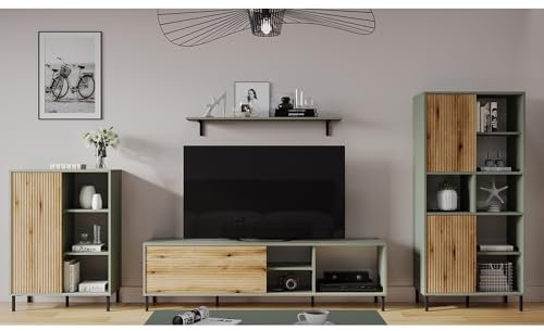 Lomadox Wohnwand in grau-grün mit Eiche, 4-teilig TV-Lowboard, Wandboard, Kommode, Regal