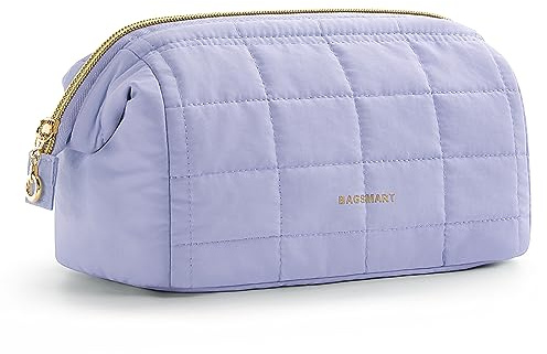 BAGSMART Small Travel Makeup Bag for Women, Wide Opening Cosmetics Bag | Puffy Padded Make Up Pouch, Travel Accessories, Women's Essentials, With Clear Brush Pocket, Purple