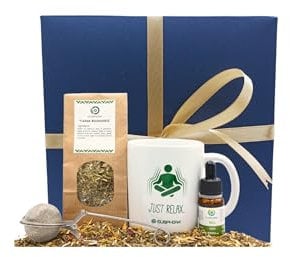Box Regalo – Kit Relax con Estratto di Olio di Canapa, Tazza, Tisana Rilassante con Valeriana e Calendula e Infusore - Con gocce naturali per dormire e stress - Eusphera