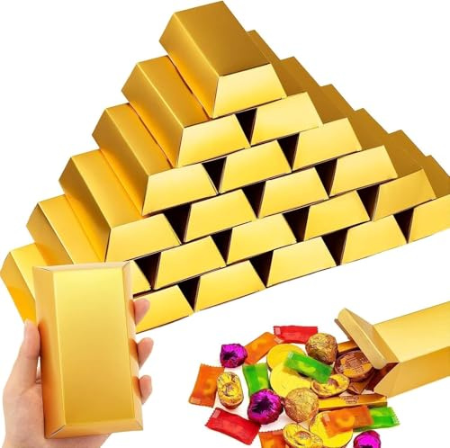 25 Stücke Goldbarren Süßigkeiten Boxen Gefälschte Goldbarren Aufbewahrungsbox, Schatz Süssigkeiten Box, für Party, Geburtstag, Weihnachten, Piratenspiele und DIY Craft, Goldmünzen Schokolade