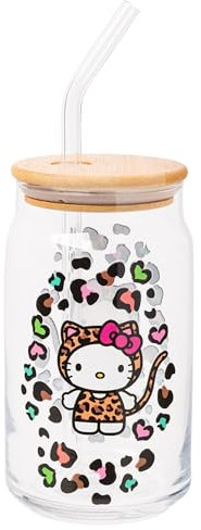 Silver Buffalo Hello Kitty - Bicchiere in vetro con coperchio in bambù e cannuccia in vetro, 470 ml, stampa leopardata