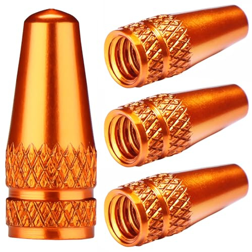 Presta-Ventilkappen, Aluminium, eloxiert, für Presta-/französische Ventile für MTB, Mountainbike, Rennrad, Hybrid-Fahrrad, Fatbike, Orange, 4 Stück