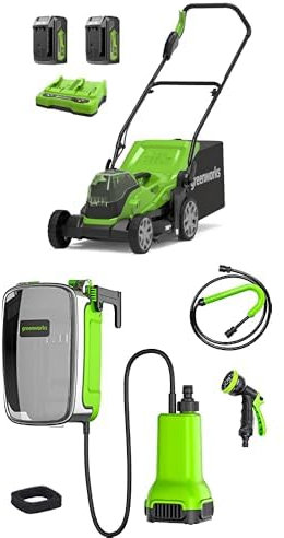 Greenworks G24X2LM36K4X Cordless Lawnmower , 36cm Cutting Width, 2x24V 4Ah Batteries & Twin Charger+ Greenworks G24SWP Cordless Submersible Water Pump, WITHOUT 24V Battery & Charger, 3 Year Guarantee