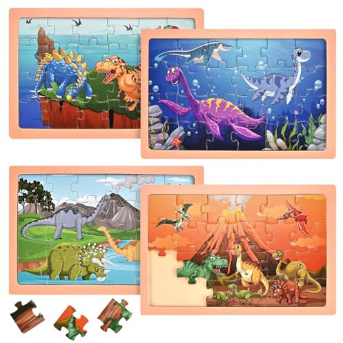Wooderma Kinderpuzzle Dinosaurier, Dino Puzzle für Kinder ab 3 4 5 6 Jahre, Tier Holzpuzzle mit 4x24 Teilen, Montessori-Spielzeug, Lehrreiches Vorschulspielzeug, Geschenke für Jungen und Mädchen