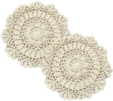 2 Stück Handgefertigte Tischsets, Rund Gehäkelt Spitzendeckchen, Baumwolle Gewebte Platzsets, rutschfest Hitzebeständige Platzdeckchen für Küche, Esszimmer und Party Tisch Dekoration (Beige: 30 cm)