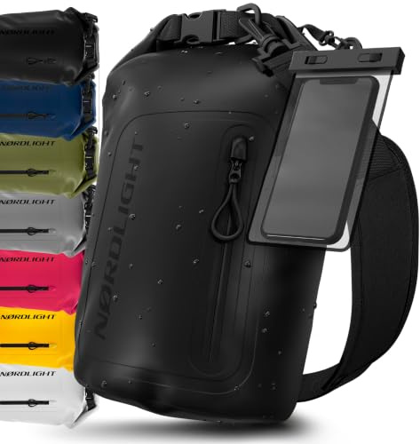 Nordlight Dry Bag wasserdichte Tasche mit Handyhülle + Roll-Top, Schultergurt | Drybag wasserfester Rucksack Beutel Packsack Seesack Wassersack Wetbag | Baden Schwimmen Strand SUP – Schwarz, 10 Liter
