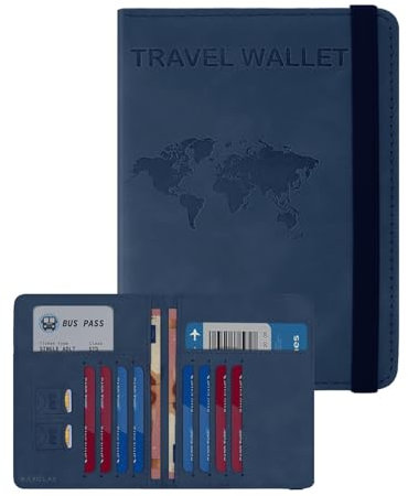 RAXCLAY Porta Passaporto Cover Custodia da Viaggio 8 Carte Blocco RFID Documenti Accessori Utili Uomo Donna 2a-Generazione Pelle PU Multifunzione Doppio Scomparto Schermato Compatto Slim (blu)