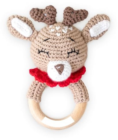 personalisiert mit Namen Holz Beißring Baby gehäkelte Tiere - Babyrassel - Babygeschenke zur Geburt für MädchenJungen Baby Erstausstattung Neugeborene (Rentier)