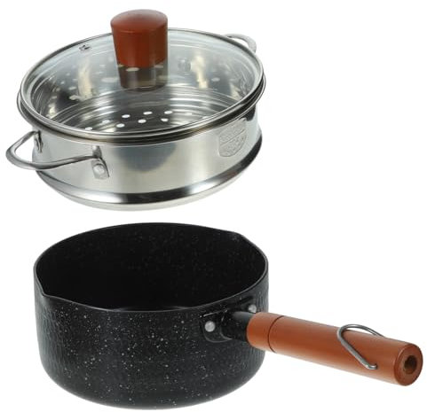 BESTOYARD 16cm Hammered Pattern Non-Stick Milk Pot Lid and Steamer Basket Small Enamel Saucepan for Home Cooking and Baby Food Preparation