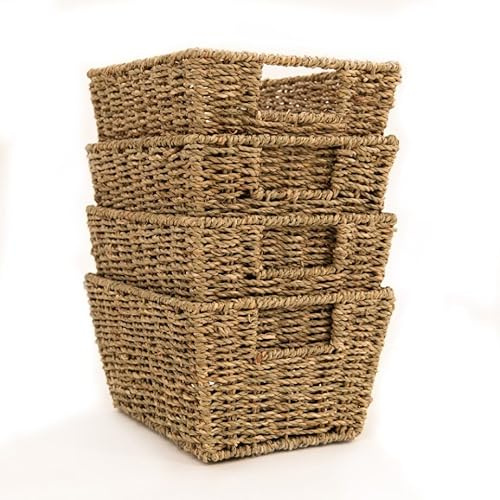 Libbi Lou Set of 4 Seagrass Storage Baskets – Natural Woven Storage Boxes with Handles – Decorative Organisers for Shelves, Cupboards or Living Room (30x22x15cm Each)