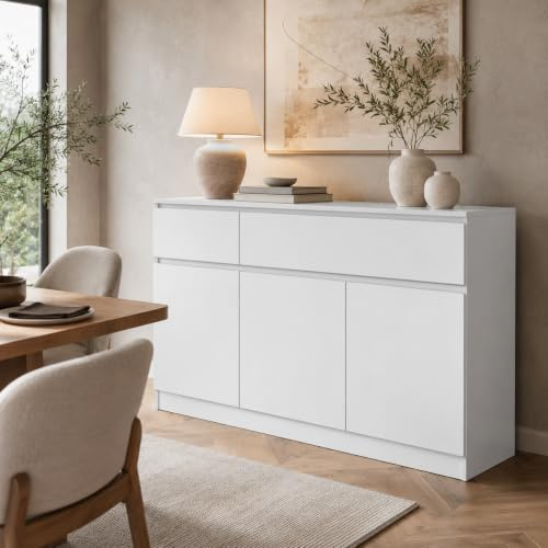 Sideboard Weiß Hochglanz 120 cm, Kommode mit 2 Schubladen & 3 Türen | Modernes Sideboard mit Hochglanzfront, 2 großen Schubladen, 3 Türen, viel Stauraum und verstellbaren Einlegeböden