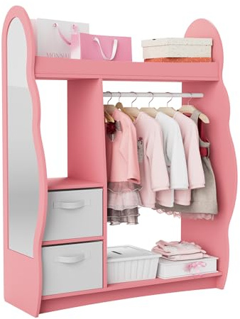 NACHES Kinder Kleiderschrank Kinderregal 81 x 28 x 106,5 cm Rosa Schubladen | Kinderkleiderständer mit Boxen, Kleiderstange, Spiegel und Ablagen, Kindergarderobe aus Holz, Wolken mit 2 Schubladen