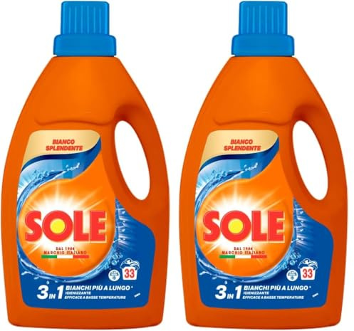 Sole Detersivo Lavatrice Bianco splendente 33 Lavaggi, Formula igienizzante, Detersivo Lavatrice Liquido Bianco Splendente, rimuove le macchie a basse temperature (Confezione da 2)
