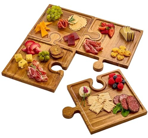 Lot de 4 planches à charcuterie en bois au design puzzle | Petit plateau de service pour charcuterie, camping, pique-nique, pendaison de crémaillère, cuisine, apéritifs, hôtesse