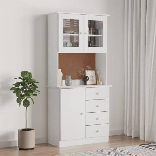 Foknhdi Highboard ALTA Weiß 77x35x165 cm Massivholz Kiefer mit Glastüren Stauraum Wohnzimmer Flur Schlafzimmer Modernes Design Robust