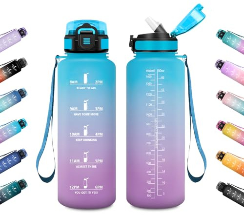 JAPORIA Bouteille 1.5L, Gourde Motivation avec Paille et Marqueur de Temps, Étanche, Réutilisable, pour Randonnée, Marche, Trail, Bureau