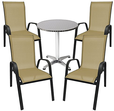Mojawo® Bistrogarnitur Bistroset 5-teilig Bistrotisch Aluminium Ø 60 H70cm + 4 Stapelsessel Metall/Textilen Anthrazit/Beige