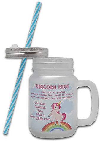 Unicorn Mum Whos Not Perfect - Frosted Glass Mason Jar Mug w/Straw