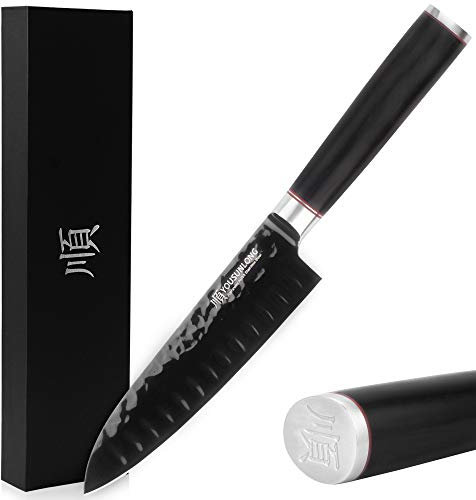 YOUSUNLONG Cuchillo Santoku - 7 pulgadas (180 mm) - Cuchillo de cocina Cuchillo de chef - Acero japonés AUS8 Hoja con revestimiento de titanio negro - Mango de ébano natural