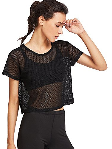 Lulupi Damen Sport Shirt Transparent Tüll Mesh Top Oberteile Netz Kurzarm Crop Tops Leicht Atmungsaktiv Sporttop T-Shirt für Yoga Laufen Wandern Fahrrad