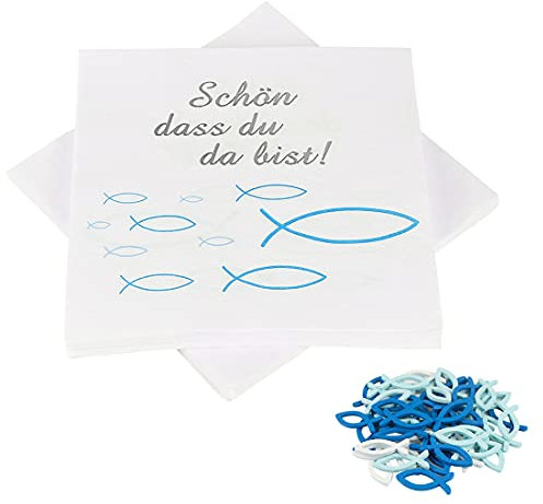 Servietten Fisch Blau, 32 Servietten und 60 Stücke Holz Fisch Deko, Taufdeko Junge, Kommunion Taufe Tischdeko, Servietten Taufdeko Tisch Deko
