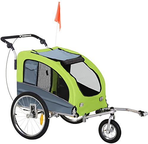 Aosom Dog Bike Trailer 2-in-1 Pet Stroller with Canopy and Storage Pockets, Green