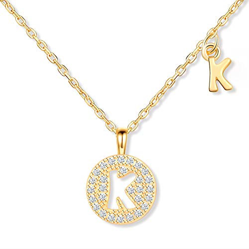 MicLee Damen Halskette 925 Sterling Silber Zirkonia Buchstabenkette in Rosegold (verstellbar) Kette Brief Initial A-Z Disc rundem Buchstaben Anhänger mit Geschenkbeutel Super Geschenk