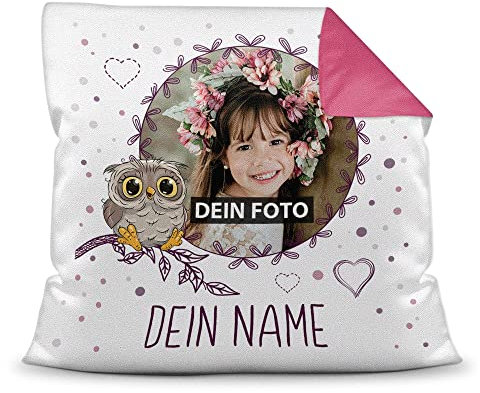 Kinder-Kissen mit Füllung - Eulen-Motiv - mit Foto & Text selbst gestalten - Geschenk für Mädchen & Jungen, Taufe, Geburtstag, Weihnachten I Personalisiert, Farbkissen Rückseite Pink, 40x40 cm