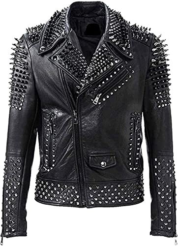 Herren-Jacke, Rock-Punk, einzigartige Nieten, Motorradjacke, echtes Leder, Schwarz. Lederjacke mit Nieten