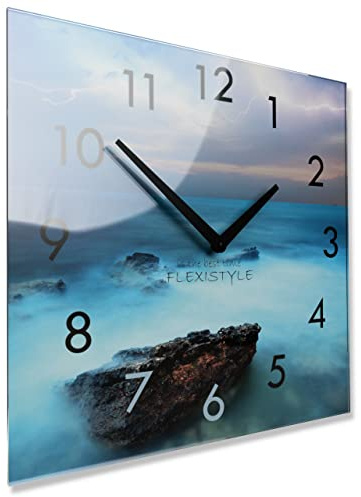 FLEXISTYLE Wanduhr küche Wohnzimmer 30 x 30 cm, aus Glas, mit Direktdruck eckig modern (Ozean)