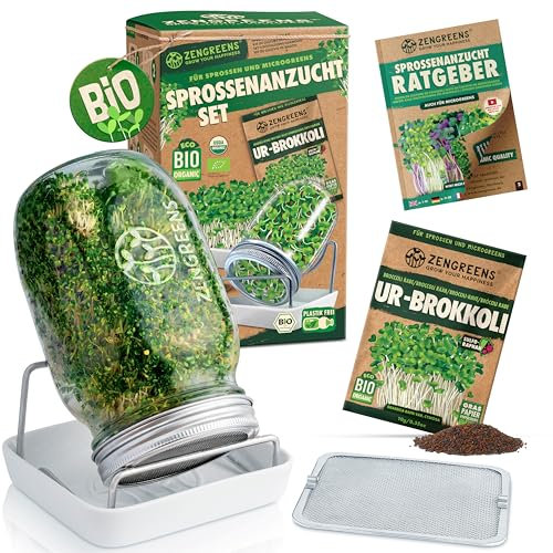 zengreens® BIO Set di vasi per germogli, inclusi semi di germogli, ciotola per germogli e videocorso - Set da 1, 2 o 3 - Vaso per germogli per l'allevamento di germogli - Ciotola per crescione