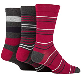 SockShop Men's Comfort Cuff Socks - Striped and Plain Soft Breathable & Cooling Bamboo Material Multipack of 3 Pairs Merlot/Charcoal 12-14