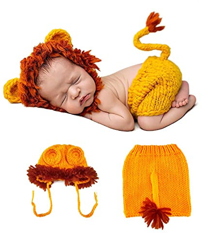 Neugeborenes Löwenkostüm Baby niedliche Cartoon-Strick-Mütze-Hosen Junge Mädchen Fotokleidung Süße kleine Löwenkleidung Fotografie Requisiten Babyanzug Säugling Foto Zubehör Kostüm für 0-3 Monate