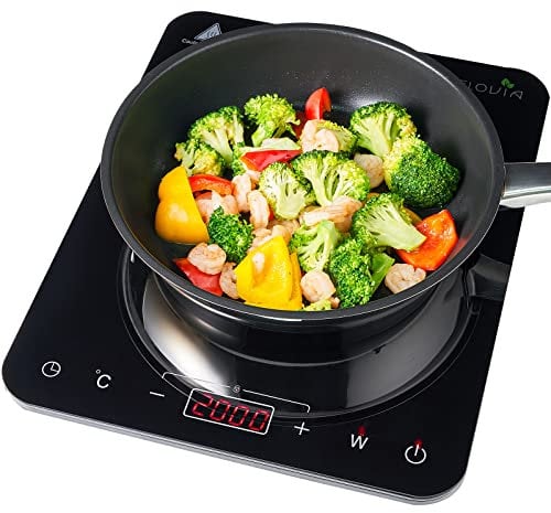 Placa de inducción 2000W individual portátil 10 niveles de potencia, 10 ajustes de temperatura, temporizador de 3 horas, control táctil, con superficie de cristal, Negro
