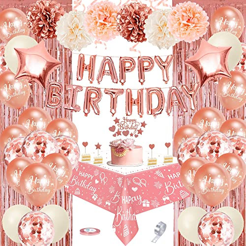 Geburtstagsdeko Mädchen Frauen, Rosegold Beige Luftballons Geburtstag Dekoration, Happy Birthday Girlande Tischdecke Vorhang Herz Stern Folienballon Konfetti Ballon Geburtstagsparty Deko für Mädchen