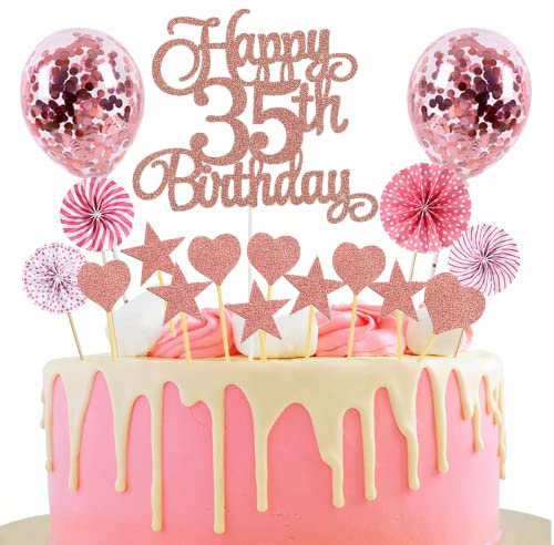 Tortendeko 35. Geburtstag Rosegold - Happy Birthday Glitter Cake Topper für Junge und Mädchen - Kuchendeko 35 Jahre